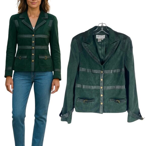 Worth NY Snake Leather Trim Suede Jacket Snap Button Dark Green Size 4 - Picture 2 of 11